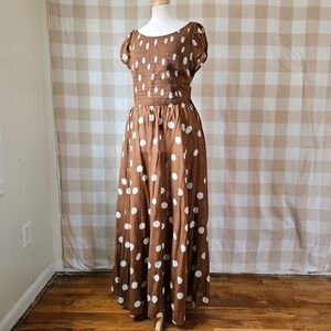 NWT Free People "Ultraviolet" Brown Polka Dot Smocked Waist Cotton Maxi Dress XL